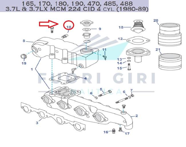 Raccordo  Collettore Compatibile Per Mercruiser 165, 170, 180, 190, 470, 485, 488 3.7l & 3.7lx Mcm 224 Cid 4 Cyl (1980-89)-4.3l Carb Mpi Alpha/bravo Recmar