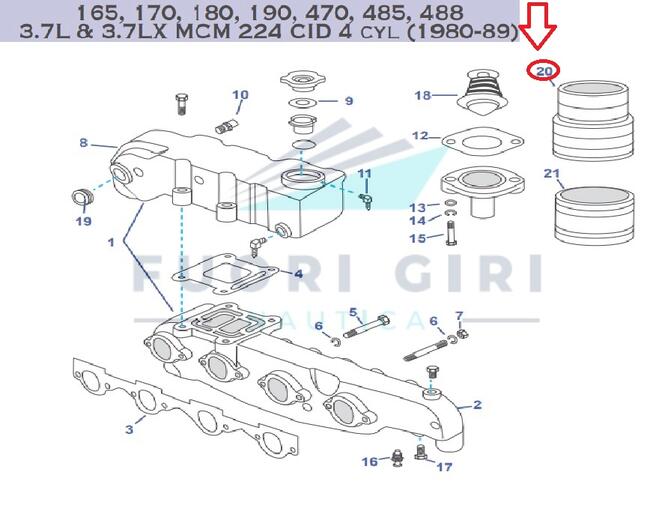 Manicotto Scarico Compatibile Per Mercruiser 165, 170, 180, 190, 470, 485, 488 3.7l & 3.7lx Mcm 224 Cid 4 Cyl (1980-89)-175, 185, 205, 262 Mag, 4.3l, 4.3lx, 4.3 Lh,4.3 Lxh, 4.3 Efi, 4.3 Mpi, Gm 262 Cid V6 Recmar