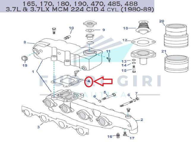 Guarnizione Per Collettore In Ghisa Compatibile Per Mercruiser 165, 170, 180, 190, 470, 485, 488 3.7l & 3.7lx Mcm 224 Cid 4 Cyl (1980-89) Recmar