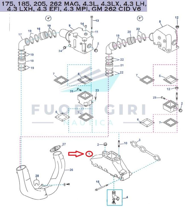 Collettore Scarico Compatibile Per Mercruiser 175, 185, 205, 262 Mag, 4.3l, 4.3lx, 4.3 Lh,4.3 Lxh, 4.3 Efi, 4.3 Mpi, Gm 262 Cid V6 Recmar