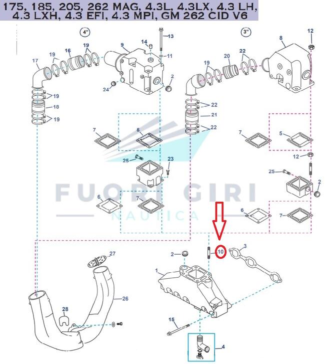 Vite Gomito Colectore Compatibile Per Mercruiser 175, 185, 205, 262 Mag, 4.3l, 4.3lx, 4.3 Lh,4.3 Lxh, 4.3 Efi, 4.3 Mpi, Gm 262 Cid V6 Recmar