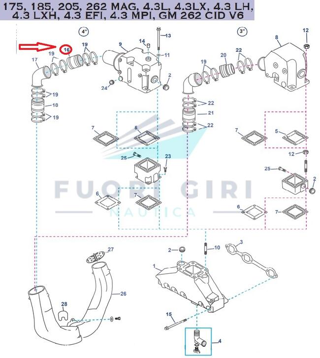 Manicotto Scarico Collettore Compatibile Per Mercruiser 175, 185, 205, 262 Mag, 4.3l, 4.3lx, 4.3 Lh,4.3 Lxh, 4.3 Efi, 4.3 Mpi, Gm 262 Cid V6-4.3l Carb Mpi Alpha/bravo Recmar