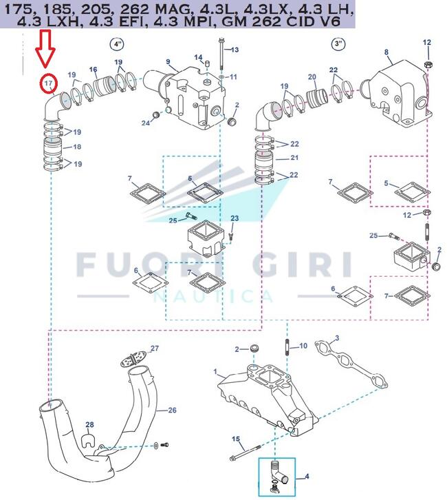 Gomito Scarico V6 Compatibile Per Mercruiser 175, 185, 205, 262 Mag, 4.3l, 4.3lx, 4.3 Lh,4.3 Lxh, 4.3 Efi, 4.3 Mpi, Gm 262 Cid V6 Recmar