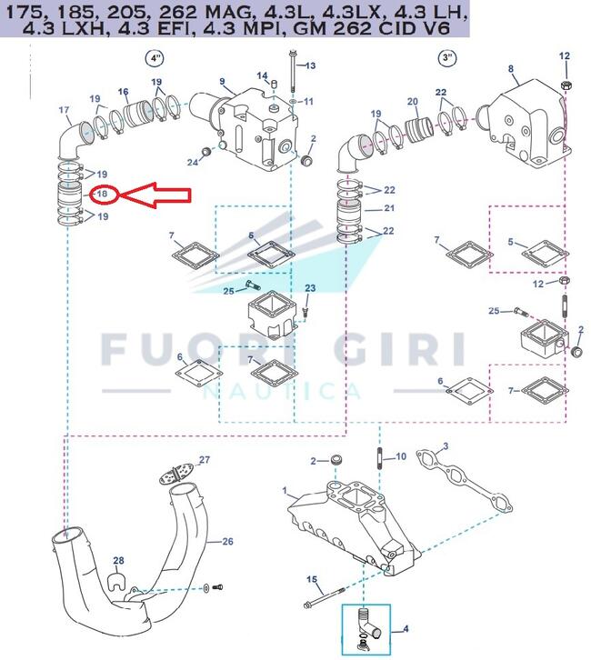 Manicotto Scarico Collettore Compatibile Per Mercruiser 175, 185, 205, 262 Mag, 4.3l, 4.3lx, 4.3 Lh,4.3 Lxh, 4.3 Efi, 4.3 Mpi, Gm 262 Cid V6-4.3l Carb Mpi Alpha/bravo Recmar