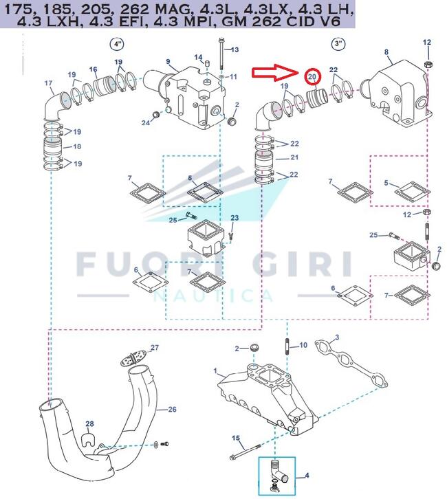 Manicotto Scarico Compatibile Per Mercruiser 165, 170, 180, 190, 470, 485, 488 3.7l & 3.7lx Mcm 224 Cid 4 Cyl (1980-89)-175, 185, 205, 262 Mag, 4.3l, 4.3lx, 4.3 Lh,4.3 Lxh, 4.3 Efi, 4.3 Mpi, Gm 262 Cid V6 Recmar