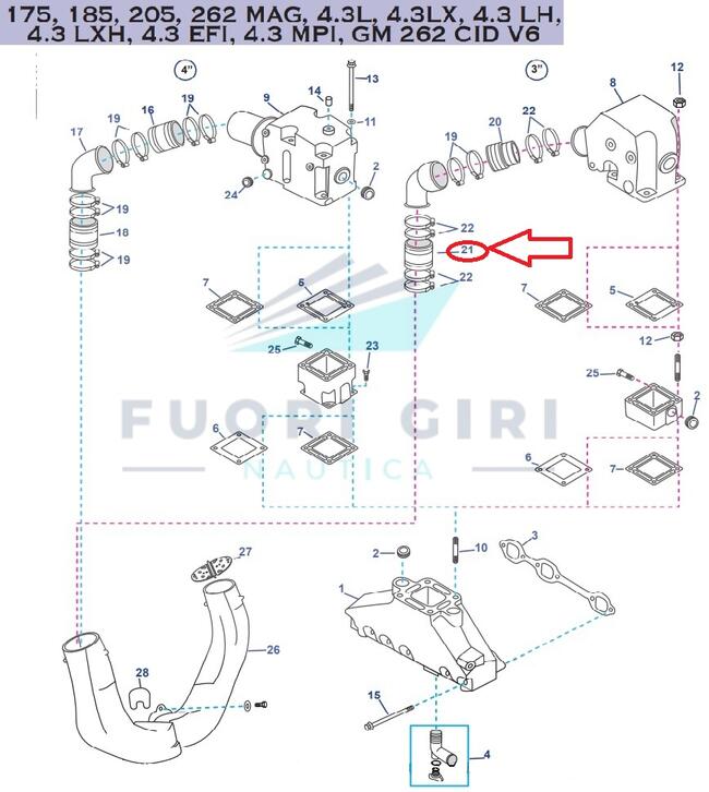 Manicotto Scarico Collettore Compatibile Per Mercruiser 165, 170, 180, 190, 470, 485, 488 3.7l & 3.7lx Mcm 224 Cid 4 Cyl (1980-89)-175, 185, 205, 262 Mag, 4.3l, 4.3lx, 4.3 Lh,4.3 Lxh, 4.3 Efi, 4.3 Mpi, Gm 262 Cid V6 Recmar