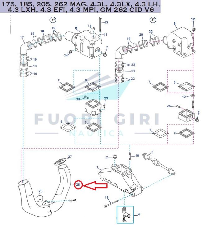 Corna Di Scarico Compatibile Per Mercruiser 175, 185, 205, 262 Mag, 4.3l, 4.3lx, 4.3 Lh,4.3 Lxh, 4.3 Efi, 4.3 Mpi, Gm 262 Cid V6-4.3l Carb Mpi Alpha/bravo Recmar