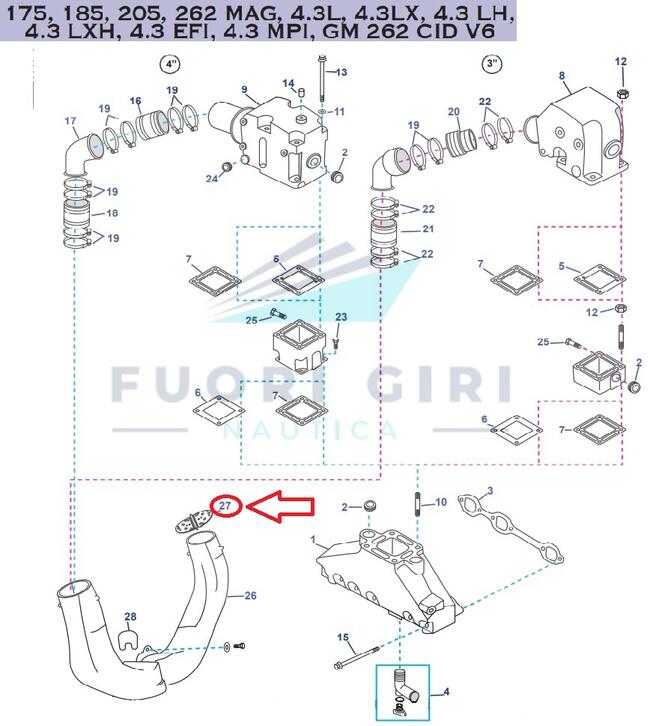 Farfalla  Scarico Compatibile Per Mercruiser 175, 185, 205, 262 Mag, 4.3l, 4.3lx, 4.3 Lh,4.3 Lxh, 4.3 Efi, 4.3 Mpi, Gm 262 Cid V6-4.3l Carb Mpi Alpha/bravo Recmar