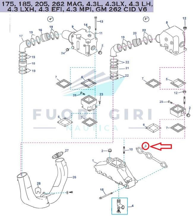 Guarnizione Colletore Scarico Compatibile Per Mercruiser 175, 185, 205, 262 Mag, 4.3l, 4.3lx, 4.3 Lh,4.3 Lxh, 4.3 Efi, 4.3 Mpi, Gm 262 Cid V6-4.3l Carb Mpi Alpha/bravo Recmar