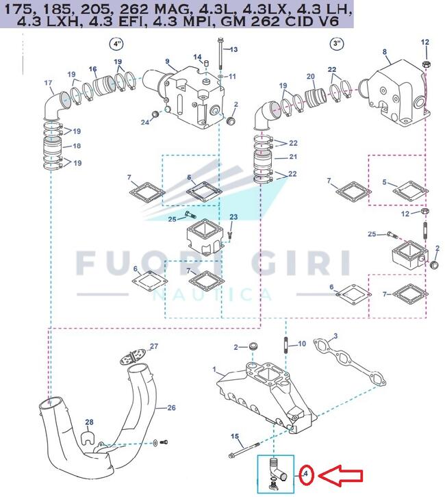 Kit Tappo E Condotto Compatibile Per Mercruiser 175, 185, 205, 262 Mag, 4.3l, 4.3lx, 4.3 Lh,4.3 Lxh, 4.3 Efi, 4.3 Mpi, Gm 262 Cid V6-4.3l Carb Mpi Alpha/bravo Recmar