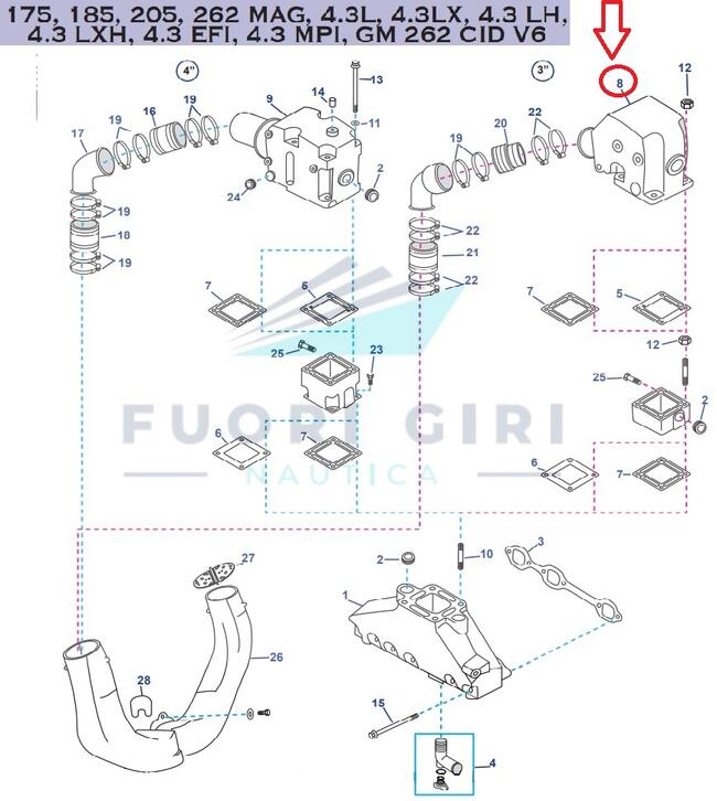 Gomito Scarico Compatibile Per Mercruiser 175, 185, 205, 262 Mag, 4.3l, 4.3lx, 4.3 Lh,4.3 Lxh, 4.3 Efi, 4.3 Mpi, Gm 262 Cid V6 Recmar